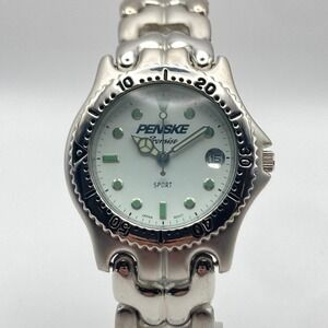 Penske Men's Diver Watch 36mm Silver Tone Matte Rotating Bezel New Battery 8.25"